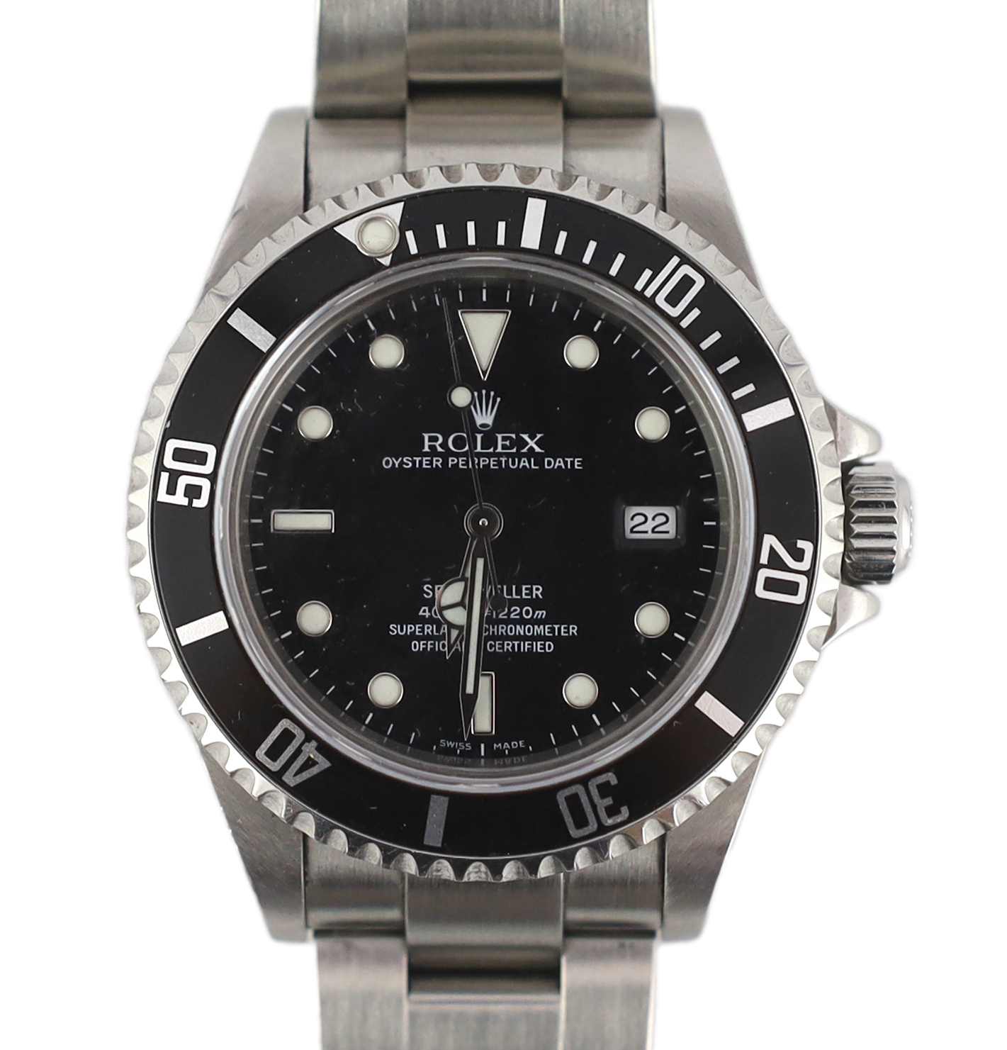 A gentleman's 2005 stainless steel Rolex Oyster Perpetual Sea Dweller wrist watch, on a stainless steel Rolex bracelet